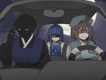 1boy 2girls angry arm_up black_hair black_skin blue_bow blue_bowtie blue_eyes blue_hair blue_hat boss_(underworld_office) bow bowtie brown_hair colored_skin commentary driving english_commentary frederica_bernkastel full_moon hanbok hat highres hime_cut jill_valentine korean_clothes moon multiple_girls night partially_shaded_face resident_evil shaded_face short_hair sweater_701 umineko_no_naku_koro_ni underworld_office white_eyes witch