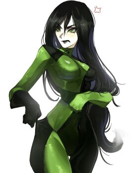 1girl absurdres black_hair black_lips bodysuit breasts colored_skin gloves green_bodysuit green_eyes green_gloves green_skin highres kim_possible_(series) long_hair medium_breasts multicolored_bodysuit shego shiszukaa solo two-tone_bodysuit