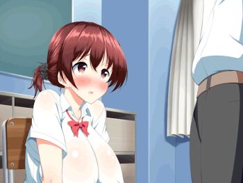 1boy 1girl animated animated_gif breasts brown_eyes brown_hair censored cum cum_in_mouth cum_on_clothes cum_on_hair ejaculation fellatio handjob hetero huge_breasts inran_virus_~seikoui_wa_iryou_koui~ kawahagitei large_penis mosaic_censoring nipples oral penis puffy_nipples school two-handed_handjob