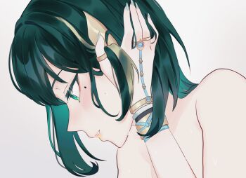 2girls aoiabyss blue_nails blush commentary genshin_impact gradient_background green_eyes green_hair hand_in_another&#039;s_hair highres lauma_(genshin_impact) mole mole_under_eye multiple_girls nefer_(genshin_impact) nude parted_lips short_hair smile sweat white_background yuri