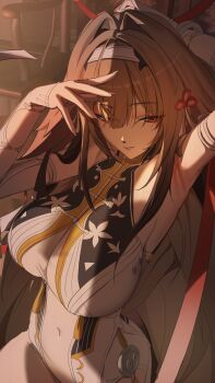 absurdres armpits arms_up breasts brown_hair chinese_clothes clover_hair_ornament dress droopy_ears hair_ornament headband highres red_eyes seductive_smile see-through_clothes smile white_dress ye_shunguang yuyiosang