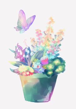 bug closed_mouth fangs flower flower_request gen_1_pokemon highres insect ivysaur lily_of_the_valley looking_ahead moth nidoking nintendo no_humans nostrils plant pokemon pokemon_(creature) potted_plant red_eyes simple_background undersized_animal venomoth white_background yyy9696yyy
