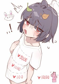 1girl absurdres ahoge black_hair blue_archive blush bright_pupils cowboy_shot cut-here_line fang grey_halo halo haniwa_(statue) highres leaf leaf_on_head loli looking_at_viewer miyu_(blue_archive) open_mouth red_eyes see-through_clothes see-through_shirt shirt short_hair short_sleeves skin_fang solo twitter_cutting_game twitter_strip_game white_background white_pupils white_shirt yungun_(dbsrjsdn0330)