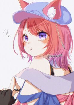 1girl animal_ear_fluff animal_ears atelier_(series) atelier_resleriana atelier_resleriana:_the_red_alchemist_&amp;_the_white_guardian black_gloves blue_hat blush commentary_request fingerless_gloves gloves hat highres index_fingers_together kona_(atrkona) medium_hair pink_hair pout purple_eyes rias_eidreise simple_background solo squiggle upper_body white_background