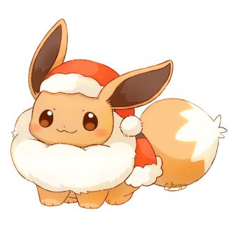 Rule 34 | :3, animal focus, blush, brown eyes, brown fur, closed mouth, eevee, fluffy, full body, gen 1 pokemon, hat, looking at viewer, mimix, nintendo, no humans, pokemon, pokemon (creature), pokemon focus, santa hat, simple background, smile, solo, tail, white background