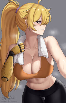 1girl ahoge bare_shoulders black_pants blonde_hair breasts cleavage collarbone cslucaris exercising facing_viewer grey_background high_ponytail highres large_breasts leaning_forward long_hair looking_to_the_side navel orange_sports_bra pants parted_lips ponytail prosthesis prosthetic_arm purple_eyes rwby simple_background solo sports_bra steaming_body stomach sweat towel towel_around_neck very_long_hair yang_xiao_long yoga_pants