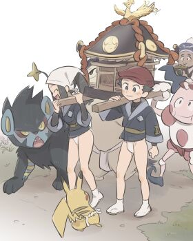 1girl 2boys absurdres akari_(pokemon) blue_hat camera closed_eyes commentary_request dark-skinned_male dark_skin facial_hair fundoshi galaxy_expedition_team_survey_corps_uniform gen_1_pokemon gen_2_pokemon gen_4_pokemon goatee_stubble hat headscarf highres hisuian_typhlosion ho-oh holding holding_camera japanese_clothes kinni professor_laventon legendary_pokemon luxray mr._mime multiple_boys nintendo no_pants open_mouth pikachu pokemon pokemon_(creature) pokemon_legends:_arceus red_hat rei_(pokemon) shrine smile socks stubble white_headscarf white_socks