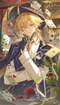 Rule 34 | 1boy, absurdres, asymmetrical bangs, aventurine (honkai: star rail), beads, black gloves, blonde hair, brown hat, card, cowboy shot, crossed bangs, flower, gem, gloves, hair between eyes, hat, highres, honkai: star rail, honkai (series), jacket, lips, long hair, long sleeves, looking at viewer, male focus, multicolored eyes, neck tattoo, parted bangs, parted lips, pearl (gemstone), playing card, red flower, red rose, rose, sidelocks, solo, standing, tassel, tattoo, two-tone eyes, watermark, xuan xuan xuan za