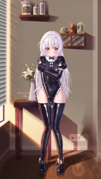 Rule 34 | 1girl, absurdres, apron, black leotard, black thighhighs, blush, bodysuit, boots, braid, breasts, covered erect nipples, covered navel, cuffs, frilled apron, frills, full body, highres, indoors, latex, latex leotard, latex thighhighs, leno^a^, leotard, long hair, maid, original, red eyes, shackles, skin tight, skindentation, small breasts, solo, standing, thigh boots, thigh gap, thighhighs, very long hair, white hair