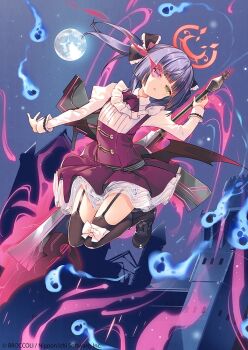 1girl arikawa_satoru aura black_shoes black_thighhighs black_wings bow building copyright_notice dress full_moon hair_bow halo heterochromia hitodama holding holding_sword holding_weapon huge_weapon moon mystica_sanctus night night_sky official_art outdoors pink_eyes purple_hair red_halo shoes sky solo sword thighhighs twintails weapon wings yellow_eyes z/x