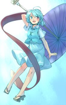 1girl :d ahoge arm_up blue_background blue_eyes blue_hair blue_shirt blue_skirt blue_vest blush commentary_request full_body geta heterochromia holding holding_umbrella karakasa_obake knees long_tongue no_toes oil-paper_umbrella one-hour_drawing_challenge open_mouth purple_umbrella rangycrow red_eyes shirt short_sleeves skirt smile solo tatara_kogasa tongue touhou umbrella vest