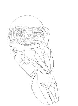 1girl absurdres asphyxiation diving_suit drowning dry_suit highres long_hair looking_up monochrome open_mouth original oxygen_tank panicking shimo0252 simple_background sketch solo standard_diving_dress white_background