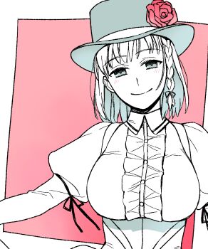 1girl braid breasts charlotte_corday_(fate) charlotte_corday_(third_ascension)_(fate) commentary_request fate/grand_order fate_(series) flower hat hat_flower highres juliet_sleeves large_breasts limited_palette long_sleeves puffy_sleeves red_background shibakou side_braid smile solo top_hat upper_body