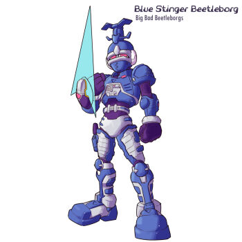 Rule 34 | 2000s (style), armor, beetle horn, big bad beetleborgs, blue armor, blue stinger beetleborg, character name, clenched hands, commentary, copyright name, energy sword, english commentary, full body, highres, humanoid robot, karakatodzo, mechanization, mega man (series), mega man zero (series), nakayama tooru (style), outstretched hand, parody, red eyes, robot, simple background, standing, style parody, sword, weapon, white background