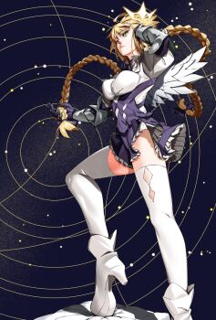 1girl angel_wings arm_up bow braid breasts closed_mouth clothing_cutout concentric_circles cushion diamond_cutout dress expressionless fate/grand_order fate_(series) floating_hair foot_out_of_frame frilled_dress frills full_body gauntlets gloves hair_bow hand_in_own_hair high_heels highres jeanne_d&#039;arc_(fate) large_breasts looking_at_viewer looking_down metatron_jeanne_(fate) multiple_hair_bows neck_ribbon outstretched_arm purple_bow purple_gloves purple_ribbon ribbon short_dress solo stepping_on_object thighhighs trick1601 twin_braids white_dress white_thighhighs wings yellow_eyes