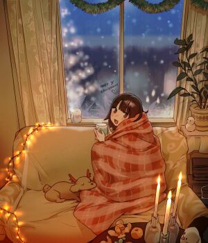 1girl :d blanket blush brown_hair candle candlestand christmas christmas_lights christmas_tree commentary couch cup curtains dini_illust dog english_text fake_antlers food frost fruit highres indoors looking_at_viewer mandarin_orange merry_christmas mug open_mouth original plant potted_plant reflection smile snowman steam wrapped_in_blanket