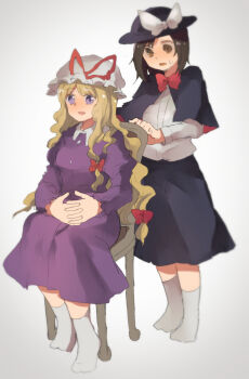 2girls black_skirt blonde_hair bow bowtie brown_eyes brown_hair capelet dr.latency&#039;s_freak_report dress fedora full_body hat highres long_hair maribel_hearn mob_cap multiple_girls purple_dress purple_eyes red_bow shirt short_hair shukinuko skirt socks touhou usami_renko very_long_hair white_shirt worried