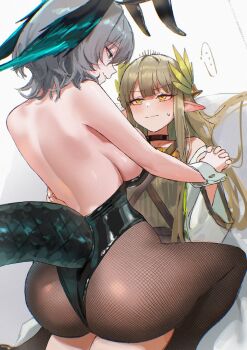 Rule 34 | 2girls, absurdres, animal ears, arknights, ass, bad id, bad twitter id, black leotard, black pantyhose, blush, closed mouth, commentary, elf, english commentary, fake animal ears, green hair, grey hair, head wings, highres, ho'olheyak (arknights), interlocked fingers, leotard, long hair, mole, mole under eye, muelsyse (arknights), multiple girls, pantyhose, playboy bunny, pointy ears, rabbit ears, short hair, sidelocks, uof, wings, yuri