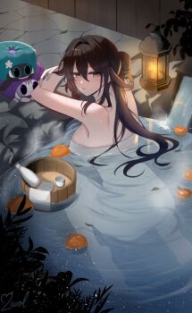 1girl 2wol0207_february absurdres aqua_eyes artist_name barefoot black_hair bottle breasts bucket commentary critter_pick_(honkai:_star_rail) feet highres honkai:_star_rail honkai_(series) lantern long_hair looking_at_viewer medium_breasts naked_towel onsen partially_submerged ruan_mei_(honkai:_star_rail) sake_bottle symbol-only_commentary towel wooden_bucket