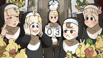 &gt;_&lt; 5girls :&lt; :i :o akanbe animal animal_ears animal_on_head baby_animal bangs_pinned_back bird bird_on_head blonde_hair blue_eyes brown_eyes brown_hair bunny_nun_(diva) cheek_press cheering clumsy_nun_(diva) commentary diva_(hyxpk) door duck duckling english_commentary eyelid_pull fake_animal_ears flag flower frog_headband froggy_nun_(diva) grey_hair hair_flower hair_ornament hairclip hands_on_own_face hanging_plant highres holding little_nuns_(diva) making_faces mole mole_under_eye multiple_girls nun on_head pom_pom_(cheerleading) rabbit_ears rabbit_hair_ornament rubber_band scorecard slice_of_life smile spicy_nun_(diva) star_(symbol) stool strict_nun_(diva) sweatdrop tongue tongue_out topknot traditional_nun