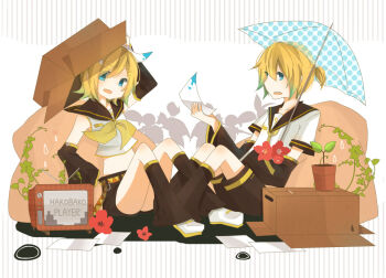 Rule 34 | 1boy, 1girl, arm warmers, black arm warmers, black sailor collar, black shorts, blonde hair, blue eyes, box, cardboard box, commentary request, hakobako player (vocaloid), holding, holding paper, holding umbrella, kagamine len, kagamine rin, key271, neckerchief, necktie, open mouth, paper, plant, polka dot, ponytail, potted plant, sailor collar, shirt, shoes, short hair, short ponytail, short sleeves, shorts, sleeveless, sleeveless shirt, smile, television, umbrella, vines, vocaloid, white shirt, white shoes, yellow neckerchief, yellow necktie