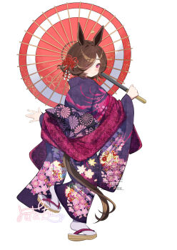 1girl alternate_costume animal_ears blush brown_hair closed_mouth commentary_request flipped_hair floral_print floral_print_kimono hair_over_one_eye hair_ribbon highres holding holding_umbrella horse_ears horse_girl horse_tail japanese_clothes kimono long_hair looking_at_viewer oil-paper_umbrella print_kimono purple_eyes purple_kimono ribbon rice_shower_(umamusume) sandals sash shawl smile socks solo tail umamusume umbrella watermark white_socks yomean!