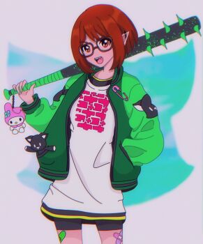 1girl brown_eyes brown_hair doll eyebrows female_focus green_jacket hand_in_pocket highres holding holding_bat holding_weapon jacket joshuathefruit matching_hair/eyes misaki_shiki nyantan open_clothes open_jacket pointy_ears shin_subarashiki_kono_sekai shirt short_hair solo spiked_bat subarashiki_kono_sekai weapon white_shirt delinquent