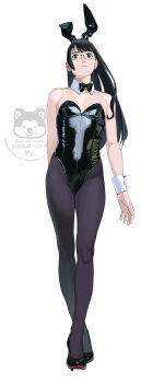 1girl absurdres alternate_costume animal_ear_hairband animal_ears bare_shoulders black_bow black_bowtie black_hair black_leotard black_pantyhose black_shoes bow bowtie breasts detached_collar fake_animal_ears from_below full_body glasses green_eyes hairband high_heels highres kantai_collection leotard long_hair looking_at_viewer ojipon ooyodo_(kancolle) pantyhose playboy_bunny rabbit_ears see-through_strap shoes simple_background small_breasts solo standing strapless strapless_leotard watermark white_background wrist_cuffs