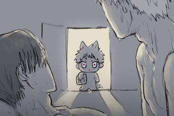 Rule 34 | 3boys, adam's apple, boy on top, caught, deformed, dual persona, greyscale, hikaru ga shinda natsu, implied sex, indou hikaru, indou hikaru (human), looking to the side, male focus, mole, mole on neck, mole under eye, monochrome, multiple boys, multiple moles, nude, open door, red eyes, shima changa, short hair, standing, sweat, tsujinaka yoshiki, walk-in, yaoi