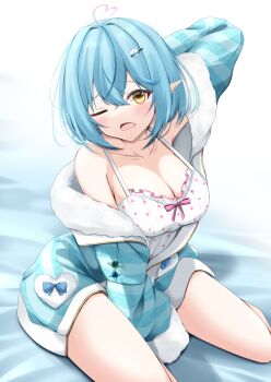 1girl absurdres ahoge aqua_jacket blue_hair blush breasts camisole cleavage collarbone commentary_request elf fluffy_clothes fur-trimmed_jacket fur-trimmed_sleeves fur_trim hair_between_eyes hair_ornament heart heart_ahoge highres hololive jacket kamesys large_breasts long_hair looking_at_viewer official_alternate_costume official_alternate_hairstyle one_eye_closed open_mouth pointy_ears polka_dot polka_dot_camisole polka_dot_skirt sitting skirt sleepwear solo tears thighs very_long_hair virtual_youtuber white_camisole white_skirt yawning yellow_eyes yukihana_lamy yukihana_lamy_(roomwear)