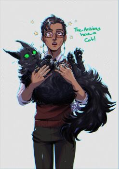 1boy blackberreh-art cat commentary dark-skinned_male dark_skin design_speculation earrings english_commentary eyelashes eyewear_strap glasses green_eyes highres jewelry jonathan_sims lips male_focus shirt star_(symbol) sweater_vest the_magnus_archives