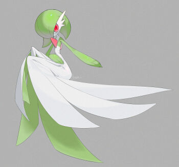 1girl adversarial_noise artist_name bob_cut colored_skin female_focus flat_chest full_body gardevoir gen_3_pokemon green_hair green_skin grey_background hair_over_one_eye hand_on_lap highres invisible_chair knee_up looking_afar multicolored_skin nintendo one_eye_covered outstretched_arm pokemon pokemon_(creature) red_eyes short_hair signature simple_background sitting slit_pupils sok_(mr14_c) solo twitter_username two-tone_skin white_skin