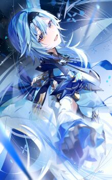 1girl black_gloves black_hairband blue_cape blue_hair blue_necktie breasts cape clothing_cutout cowboy_shot eula_(genshin_impact) from_side genshin_impact gloves gradient_background hair_between_eyes hairband high-waist_shorts highres light_particles looking_ahead medium_breasts medium_hair necktie open_mouth orange_eyes outstretched_arms purple_pupils reaching reaching_towards_viewer shorts shoulder_cutout sidelocks solo two-tone_gloves vision_(genshin_impact) white_sleeves wide_sleeves yukiusagi_(snowrabbit0508)