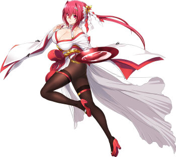 1girl bare_shoulders black_thighhighs breasts choukou_(alicesoft) choukou_taisen_escalation_heroines cleavage cup escalayer_reverse japanese_clothes kimono large_breasts looking_at_viewer official_art onigirikun outstretched_arm red_eyes red_hair sakazuki short_hair smile solo thighhighs white_kimono