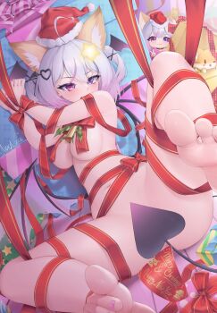 1girl 2026 absurdres ahoge animal_ear_fluff animal_ears annytf barefoot bell black_wings box breasts demon_tail fox_ears fur-trimmed_headwear fur_trim gift gift_box grey_hair hair_ornament happy_new_year hat head_wings heart heart_hair_ornament heterochromia highres indie_virtual_youtuber low_wings merry_christmas mooon_(pixiv_41805161) multicolored_hair nail_polish naked_ribbon navel new_year pink_eyes pink_hair purple_eyes purple_nails red_hat red_ribbon restrained ribbon santa_hat signature star_(symbol) star_hair_ornament streaked_hair tail toenail_polish toenails v virtual_youtuber wings