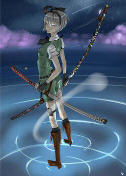 10s 1girl aged_up angel_beats! animate_(company) bad_id bad_pixiv_id black_socks boots breasts chiikana covered_erect_nipples female_focus fingerless_gloves ghost_in_the_shell gloves hairband highres katana kneehighs konpaku_youmu kyubey laughing_man_(gits) looking_at_viewer macross macross_frontier mahou_shoujo_madoka_magica mahou_shoujo_madoka_magica_(anime) nerv niconico pixiv pointy_ears purple_eyes ripples sheath sheathed short_hair silver_hair small_breasts smiley_face socks solo standing standing_on_liquid sticker sword touhou wading water weapon yoshiwa_tomo