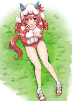Rule 34 | 1girl, animal ears, blush, bow, breasts, brown hair, buruma, commentary request, ear covers, ear ribbon, grass, hair between eyes, hair ornament, highres, horse ears, horse girl, horse tail, jacket, long hair, looking at viewer, medium breasts, open mouth, outdoors, red buruma, red eyes, red jacket, ribbon, rody (hayama yuu), shoes, sitting, socks, solo, still in love (umamusume), tail, tracen training uniform, track jacket, umamusume, veil, white socks, white streaks, white veil