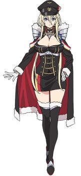 1girl anime_coloring azur_lane bismarck_(azur_lane) black_boots black_cloak black_corset black_hat black_jacket black_skirt blonde_hair blue_eyes boots breasts cleavage cleavage_cutout cloak closed_mouth clothing_cutout collared_cloak corset dress full_body fur-trimmed_cloak fur_trim gloves hair_between_eyes hand_on_own_hip hat jacket large_breasts long_hair long_hair_between_eyes long_sidelocks looking_at_viewer military_hat military_uniform miniskirt official_art ogiwara_rokou open_hand outstretched_arm peaked_cap pencil_skirt sidelocks simple_background skirt smile solo spread_fingers standing tachi-e thighhighs thighs transparent_background very_long_sidelocks white_gloves