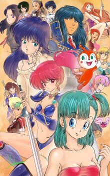 6+girls akihabara_dennou_gumi annotated anpanman aqua_hair arm_up armor artist_name asagiri_youko asymmetrical_bangs ayukawa_madoka baradagi bare_shoulders bikini_armor black_eyes black_hair black_shirt blonde_hair blue_armor blue_eyes blue_hair blue_jacket blush_stickers bodice boobplate bow breastplate breasts brown_hair bulma chameleon_june cleavage closed_mouth commentary crossover demon_tail dokin-chan dragon_ball dragon_ball_(classic) dragon_radar dress earrings facial_mark flying forehead_protector gall_force genmu_senki_leda ghost_sweeper_mikami greaves green_eyes green_hair gun hair_bow hair_ornament half-closed_eyes hand_up handgun hands_up headpiece heart highres holding holding_gun holding_spatula holding_sword holding_weapon jacket japanese_clothes jewelry kashima_miyuki kenritsu_chikyuu_boueigun kiddy_phenil kimagure_orange_road kujo_asuna kuonji_ukyou large_breasts long_hair long_sleeves looking_at_viewer looking_back looking_to_the_side lufy maison_ikkoku medium_breasts meryl_stryfe metal_gear_(series) metal_gear_solid mikami_reiko miyuki_(series) multicolored_hair multiple_girls naomi_hunter navel neckerchief necklace necktie off_shoulder one_side_up open_mouth orange_background orange_hair own_hands_together pauldrons perrine_monogatari perrine_pandaboanu petit_ange pink_bow pink_shirt poleyn purple_dress ranma_1/2 red_eyes red_hair red_jacket red_neckerchief red_necktie red_tube_top saint_seiya shirt short_hair shoulder_armor side_ponytail signature silent_moebius single_off_shoulder sleeves_past_wrists small_breasts smile spatula star_(symbol) star_facial_mark strapless strapless_dress sweater sword tail thigh_strap thighs trigun tsuru_hiromi tube_top turtleneck two-tone_hair vambraces voice_actor_connection waving weapon white_bow white_shirt white_sweater wings yoshinaga_masahiro