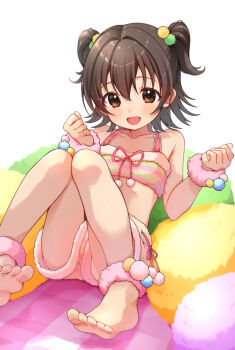 1girl akagi_miria ankle_scrunchie bare_shoulders barefoot blush brown_eyes brown_hair collarbone commentary_request hair_bobbles hair_ornament idolmaster idolmaster_cinderella_girls knees_together_feet_apart looking_at_viewer multicolored_hair_bobbles open_mouth scrunchie short_hair sitting smile solo strapless toes tube_top two_side_up wrist_scrunchie zero7shi