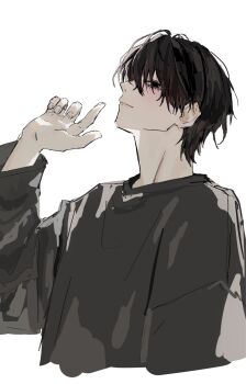 0k_sic 1boy arm_up black_eyes black_hair crew_neck cropped_torso from_side grey_shirt hair_behind_ear highres index_finger_raised long_sleeves looking_at_viewer male_focus original shirt simple_background solo white_background