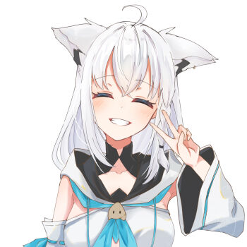 1girl ahoge animal_ear_fluff animal_ear_piercing animal_ears aqua_neckerchief aqua_trim blush breasts closed_eyes collarbone commentary_request detached_sleeves fox_ears fox_girl hair_between_eyes highres hololive long_sleeves medium_breasts neckerchief shirakami_fubuki shirakami_fubuki_(1st_costume) shirt smile solo tamao_prunus teeth upper_body v white_shirt wide_sleeves