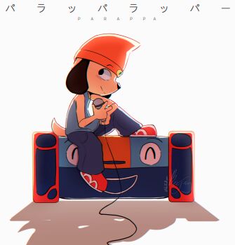 1boy animal_ears beanie black_eyes blue_pants blue_tank_top character_name commentary dog_boy dog_ears dog_tail english_commentary from_side full_body furry furry_male hat highres holding holding_microphone male_focus microphone orange_hat pants parappa parappa_the_rapper profile red_shoes shadow shoes simple_background sitting smile sneakers snout solo tail tank_top w white_background wolfaroon