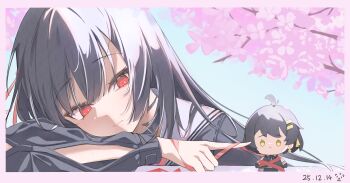 Rule 34 | 1girl, absurdres, arm cutout, black choker, black hair, black jacket, bright pupils, character doll, chisa (wuthering waves), choker, closed mouth, clothing cutout, commentary, dated, doll, female rover (wuthering waves), hair ornament, highres, index finger raised, jacket, long hair, long sleeves, pink background, rabi9, red eyes, red ribbon, ribbon, rover (wuthering waves), sailor collar, solo, white pupils, white sailor collar, wuthering waves