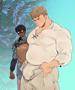 2boys alternate_body_size armor bara belly black_hair blonde_hair bulge commentary dark-skinned_male dark_skin dungeon_meshi english_commentary facial_hair goatee_stubble highres kabru laios_touden male_focus multiple_boys muscular muscular_male open_fly pectoral_cleavage pectorals punbun_4fun short_hair stubble twitter_username