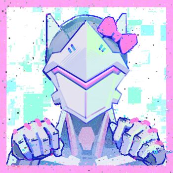 Rule 34 | 1boy, arms up, border, bow, claw pose, commentary, commentary request, cropped shoulders, cyborg, drowning duckyy, english commentary, genji (overwatch), glitch, hair bow, highres, male focus, mixed-language commentary, overwatch, pink border, red bow, solo, straight-on