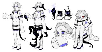 1boy @_@ absurdres alternate_costume alternate_eye_color alternate_universe aotsuki_eito belt boots box chinese_commentary commentary_request covered_mouth cracked_skin crescent_moon cropped_jacket cropped_shoulders eldritch_abomination gibbous_moon grey_hair heterochromia highres horizontal_pupils jacket knees_up looking_at_viewer male_focus moon moon_phases multiple_belts multiple_views platform_boots purple_eyes red_eyes short_hair simple_background sitting sleeves_past_fingers sleeves_past_wrists standing tentacle_arm tentacles the_hundred_line_-last_defense_academy- white_background white_boots white_jacket yeshaqianww