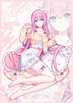 1girl bare_shoulders barefoot blue_eyes blush bow bow_hairband breasts camisole cardigan character_name cherry cleavage closed_mouth collarbone commentary crop_top elbow_rest feet flower food frilled_camisole frilled_shirt frilled_skirt frilled_thigh_strap frills fruit full_body hair_between_eyes hairband hand_up heart heart-shaped_pillow highres karokuchitose legs long_hair long_sleeves looking_at_viewer medium_breasts megurine_luka midriff miniskirt navel open_cardigan open_clothes pillow pink_hair shirt sitting skirt sleeves_past_wrists smile solo symbol-only_commentary thigh_strap vocaloid white_bow white_camisole white_flower white_hairband white_shirt white_skirt yellow_cardigan yokozuwari
