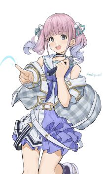 Rule 34 | 1girl, blue hair, blue neckerchief, choker, colored tips, commentary, girls band cry, grey eyes, grey jacket, highres, hina (girls band cry), holding, holding microphone, jacket, kiraing poi, microphone, multicolored hair, neckerchief, off shoulder, open clothes, open jacket, open mouth, pink hair, sailor collar, sailor shirt, shirt, simple background, sleeveless, sleeveless shirt, solo, symbol-only commentary, teeth, twintails, upper teeth only, white background, white choker, white sailor collar