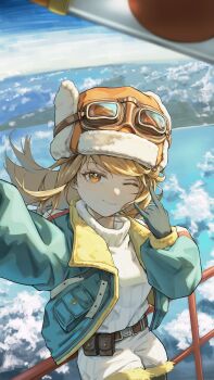 1girl ;) \n/ above_clouds absurdres against_railing apple apple_(reverse:1999) belt belt_pouch black_jacket blue_shorts blue_sky blurry blurry_foreground brown_belt brown_hair cloud cowboy_shot food from_above fruit gloves goggles goggles_on_headwear grey_gloves hand_up hat highres jacket long_sleeves looking_at_viewer official_alternate_costume one_eye_closed orange_eyes orange_hat outdoors outstretched_arm pouch puffy_long_sleeves puffy_sleeves railing reaching reaching_towards_viewer regulus_(reverse:1999) regulus_(take_off!_to_the_future)_(reverse:1999) reverse:1999 selfie shorts sky smile solo sweater tongshan_treeless white_sweater